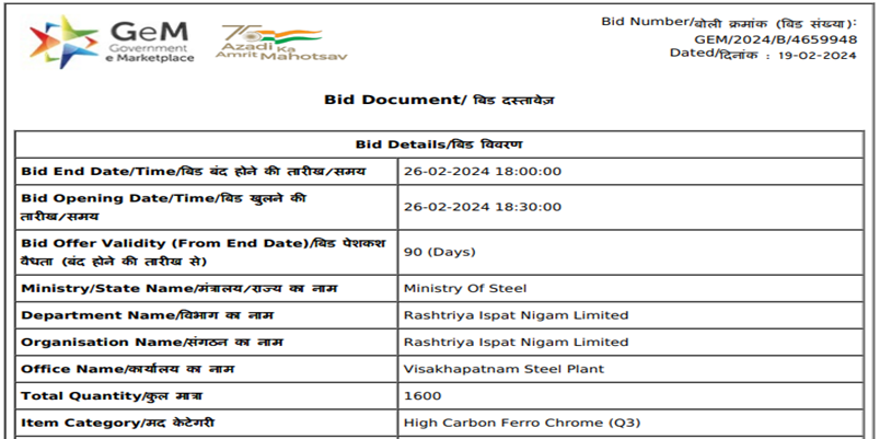 India: RINL floats 1,600 t ferro chrome purchase tender