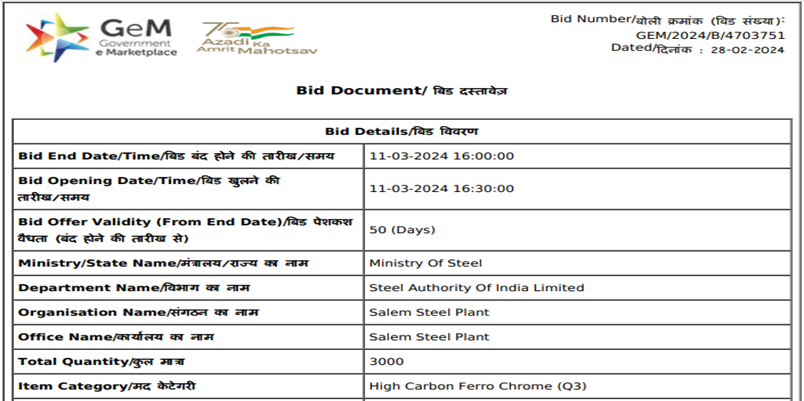 India: SAIL-SSP floats 3,000 t HC ferro chrome purchase tender
