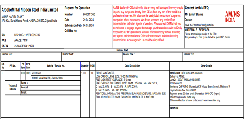 AM/NS India floats purchase tender for 1,000 t ferro manganese