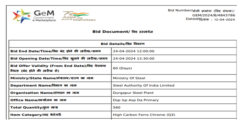 India: SAIL-DSP floats 560 t ferro chrome purchase tender