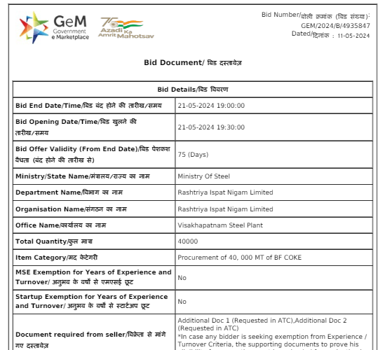 India: Vizag Steel floats purchase tender for 40,000t BF coke