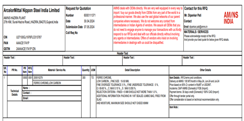AM/NS India floats 300 t LC ferro chrome purchase tender