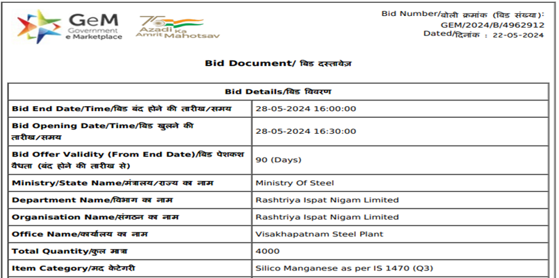 India: RINL floats 4,000 t silico manganese purchase tender