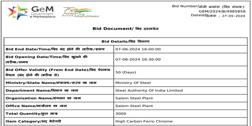 India: SAIL’s Salem Plant floats 3,000 t ferro chrome purchase tender