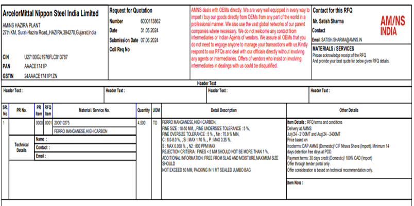 India: AM/NS floats 4,500 t ferro manganese purchase tender