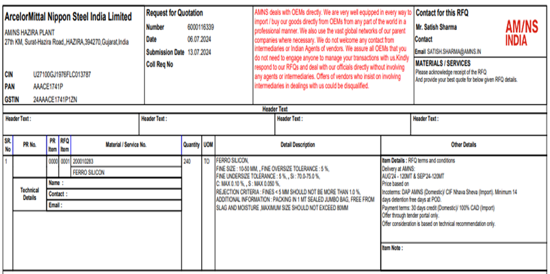 AM/NS India issues 240 t ferro silicon purchase tender