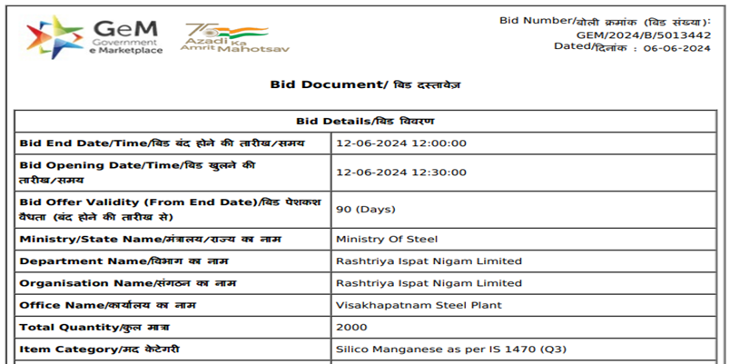 India: RINL books 2,000 t of silico manganese at reverse auction