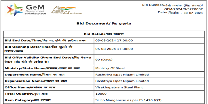 India: RINL issues 10,000 t silico manganese procurement tender