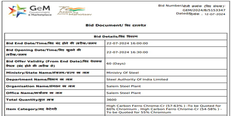 India: SAIL’s Salem Plant floats 3,600 t ferro chrome purchase tender