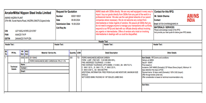 India: AM/NS floats 500 t MC ferro manganese purchase tender