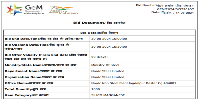 India: NMDC floats 1,800 t silico manganese purchase tender
