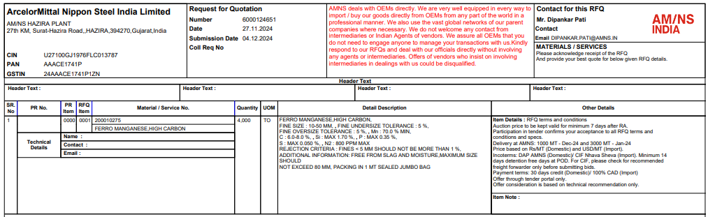 India: AM/NS issues 4,000-t ferro manganese purchase tender