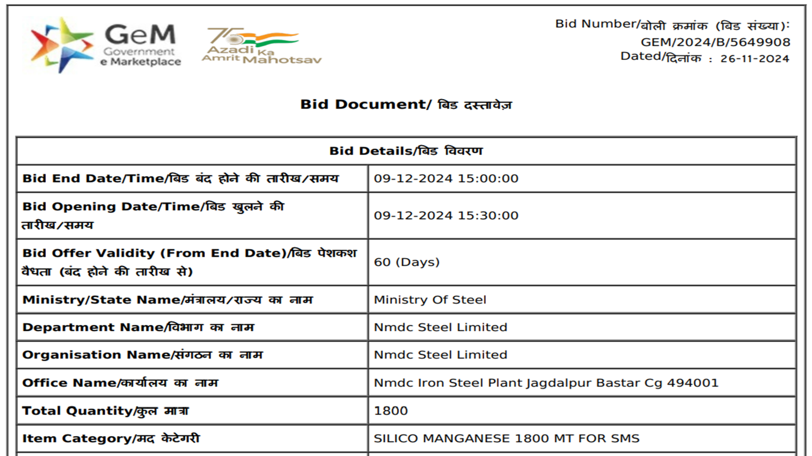 India: NMDC floats 1,800-t silico manganese purchase tender