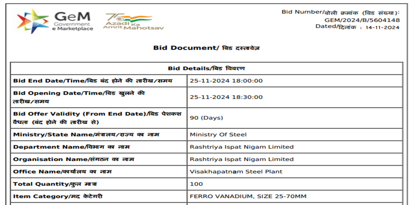 India: RINL floats 100-t ferro vanadium purchase tender