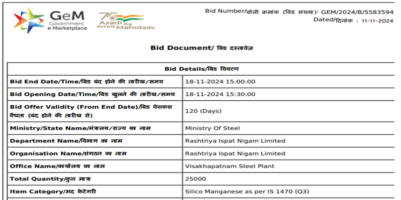 India: RINL floats 25,000-t silico manganese purchase tender