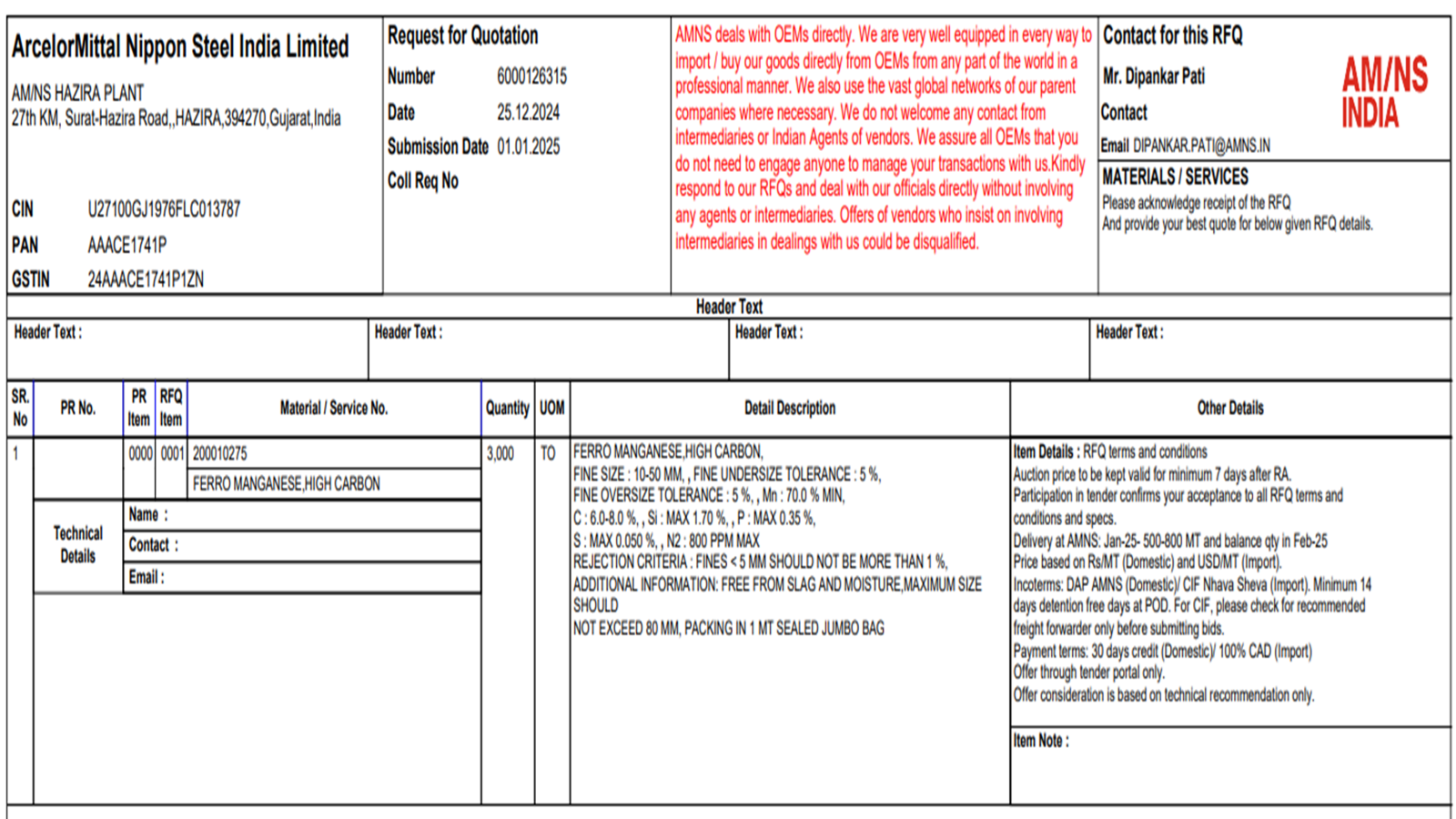 India: AM/NS issues 3,000-t ferro manganese purchase tender