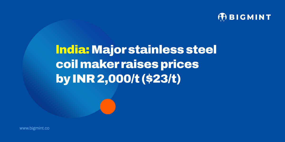 India: Leading stainless steel coil maker hikes 300 series tags by INR 2,000/t ($23/t)