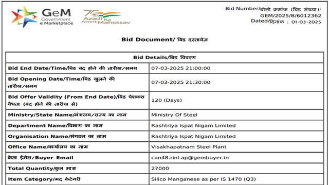 India: RINL floats 27,000-t silico manganese purchase tender
