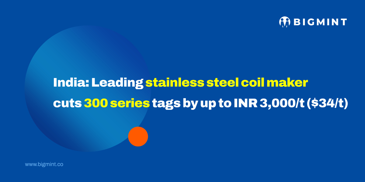 India: Leading stainless steel coil maker cuts 300 series tags by up to INR 3,000/t ($34/t)