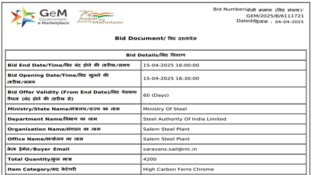 India: SAIL’s Salem plant floats 4,200 t ferro chrome purchase tender