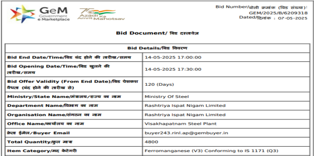 India: RINL floats 4,800-t ferro manganese purchase tender