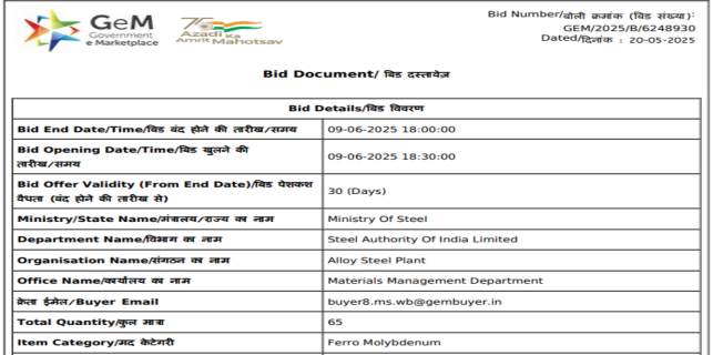 India: SAIL’s Alloy Steel Plant floats 65 t ferro molybdenum purchase tender