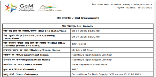 India: RINL floats 1,620-t ferro silicon purchase tender
