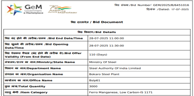 India: SAIL-BSP floats purchase tender for 3,000 t of ferro manganese