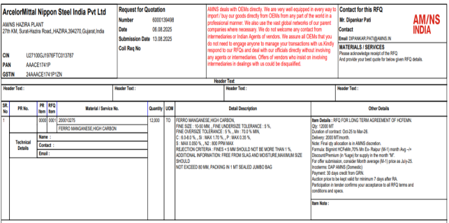 India: AM/NS floats purchase tender for 12,000 t of ferro manganese