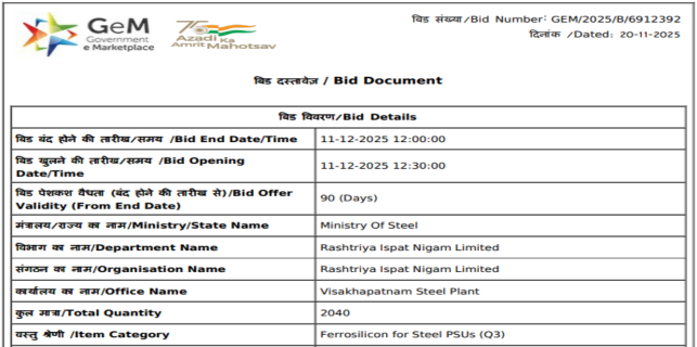 India: RINL floats 2,040-t ferro silicon purchase tender