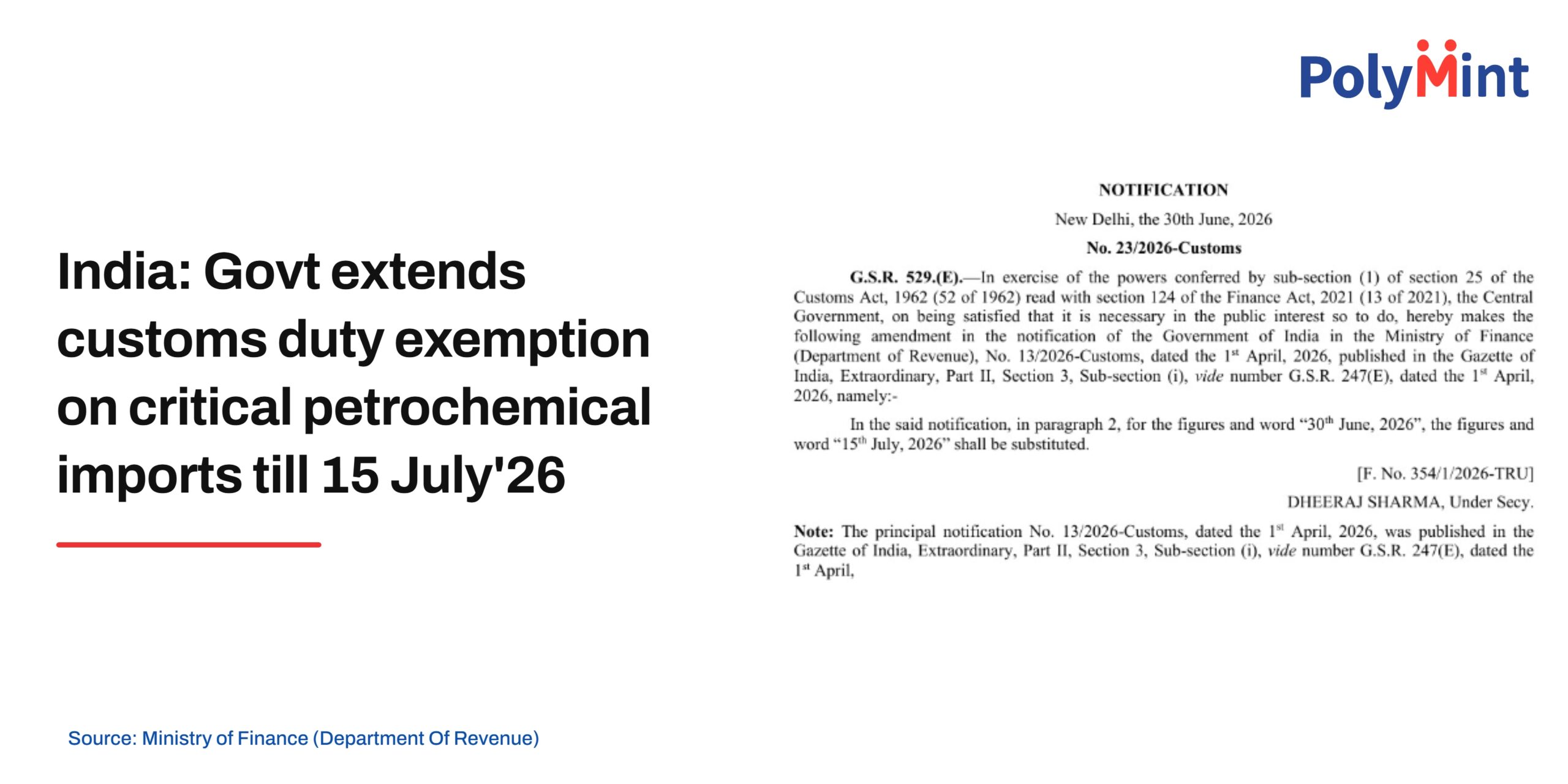 India: Govt extends customs duty exemption on critical petrochemical imports till 15 July’26