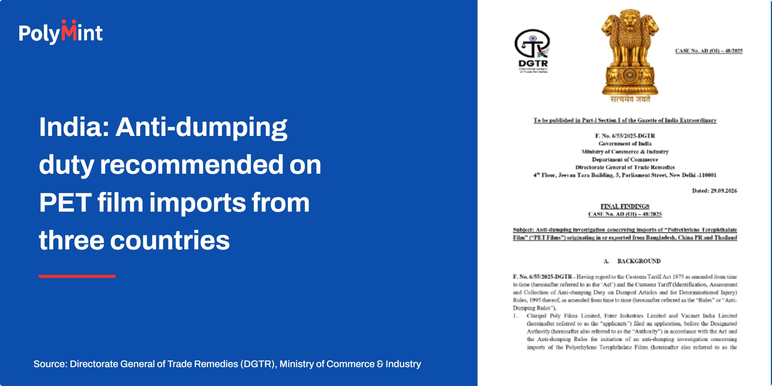 India: Anti-dumping duty recommended on PET film imports from three countries